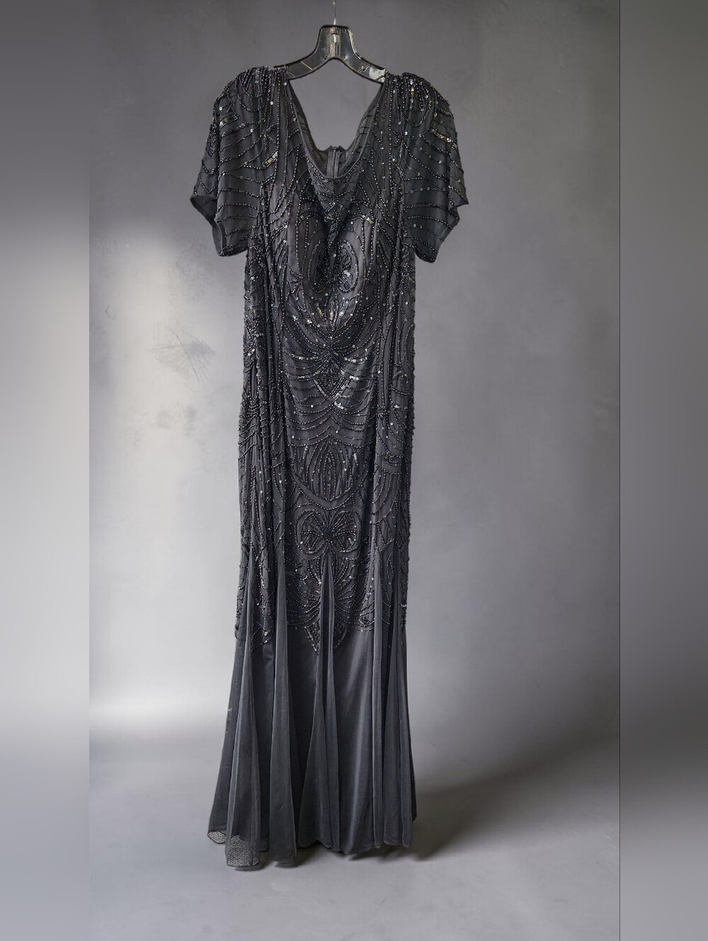 Ashley Lauren Black Short Sleeve Beaded Gown